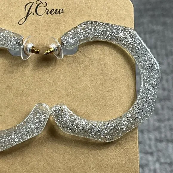 J Crew Silver Glitter Resin Octagon Hoop Earrings Womens Jewelry Statement - Picture 2 of 4